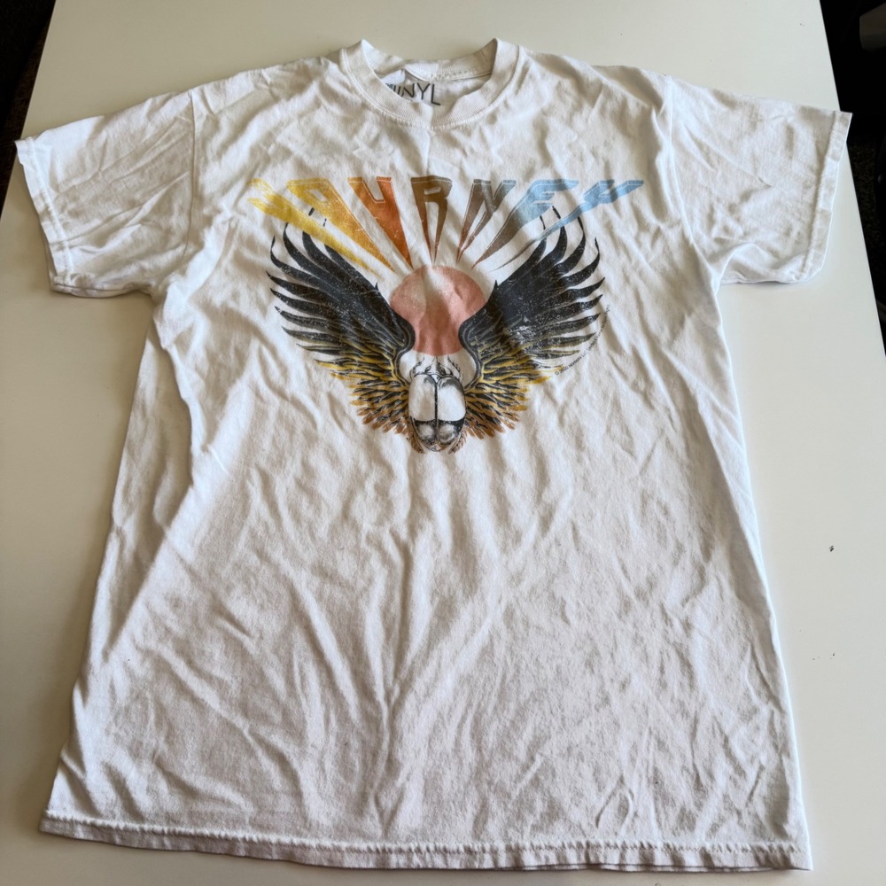 The Vinyl Icons Journey Band T-Shirt White Graphic Beetle Sunburst Small Rock